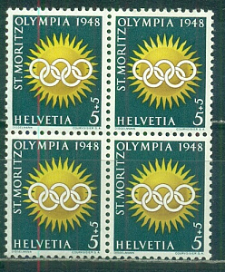 Швейцария, 1948, Зимняя Олимпиада, квартблок (м. 10+10 )